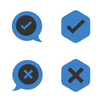 Blue checkmark and cross icons in speech bubble and hexagon shapes symbol vector