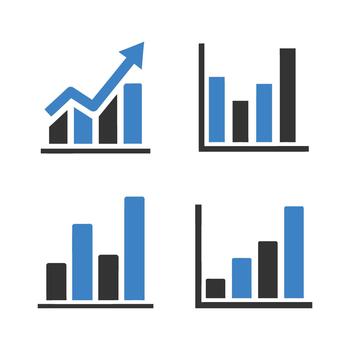 Four blue and black bar graph icons showing growth and data chart statistics vector