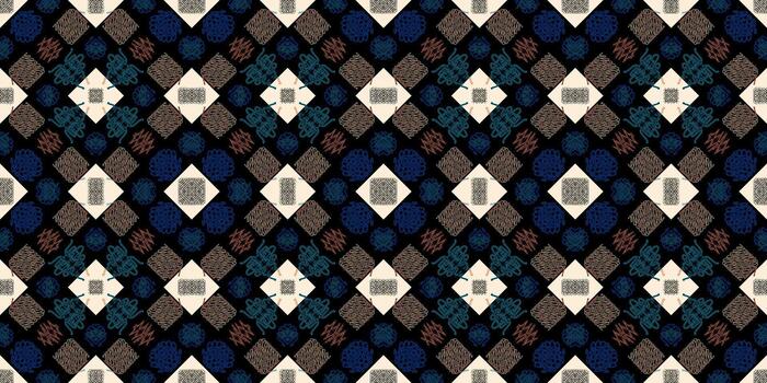 Ethnic Ikat Style Abstract Diamond Repeat Background Tile. tile pattern. Hand-Drawn Mosaic Style Textile Print on Black. Symmetrical Black, Brown, and Blue Abstract Grid Pattern vector