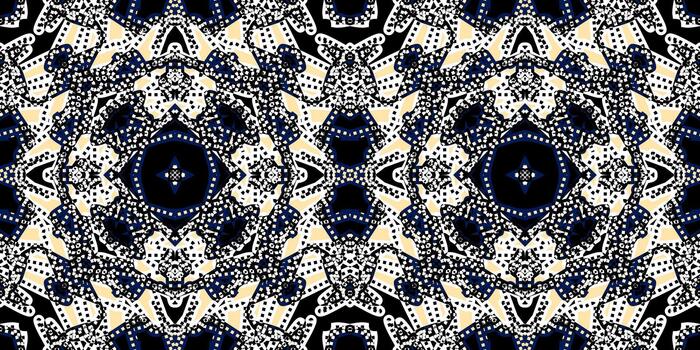 Intricate Dotwork Bohemian Seamless Repeating Pattern . Luxurious Ornate Kaleidoscope Texture in Navy, White, and Beige . abstract Ethnic and Tribal Symmetrical Geometric Backdrop vector