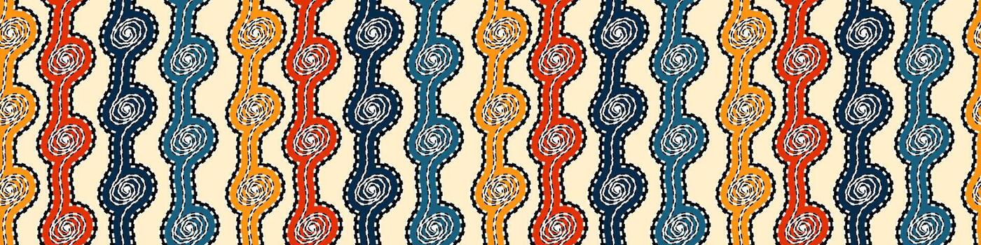 Vibrant Folk Art Chain Stitch Seamless Repeat Pattern . wall pattern. Retro 70s Abstract Wavy Line Textile Print Background. Bold Bohemian Ogee Stripe Seamless Border Design. abstract Pop Art vector