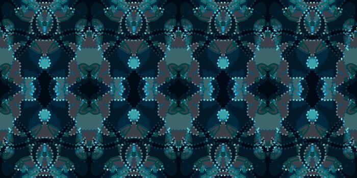 Deep Teal and Navy Abstract Ikat Style Seamless Pattern. wallpaper pattern. Symmetrical Aqua and Indigo Bohemian Textile Background. Modern Abstract Patchwork Geometric Repeat Motif vector