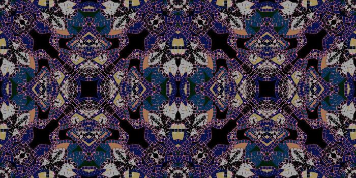 Contemporary Abstract Art Deco Design. pattern ethnic. Abstract Glitch Style Seamless Tile. Digital Mosaic Abstract Symmetrical Pattern. Complex Dark Blue and Cream Kaleidoscopic Texture vector