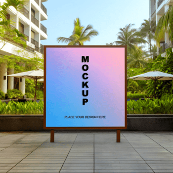 Plakatwand Attrappe, Lehrmodell, Simulation in der Nähe von das Schwimmbad mit Palme Bäume und Gebäude im das Hintergrund psd