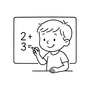 joven chico aprendizaje matemáticas a el pizarra con sencillo adición problema vector