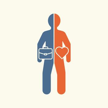 el silueta de un persona dividido dentro dos mitades, uno representando trabajo con un maletín y el otro representando personal vida con un corazón vector