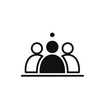 el minimalista negro y blanco icono representando un grupo de Tres personas en pie juntos en un línea, con un soltero punto encima el central figura vector