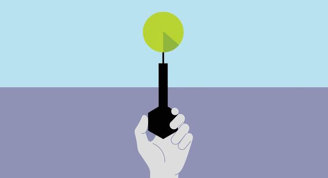 un mano sostiene un negro objeto con un verde tarta gráfico en arriba, simbolizando éxito o un objetivo logrado en un negocio contexto vector