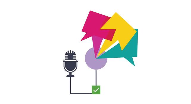 ilustración de un micrófono conectado a vistoso habla burbujas, simbolizando comunicación y radiodifusión vector