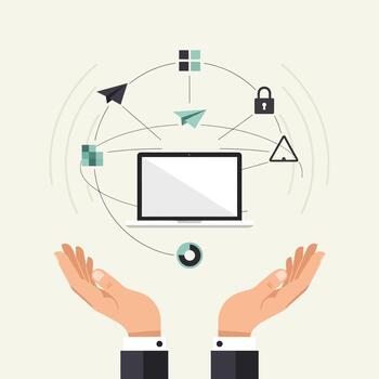 manos participación un ordenador portátil rodeado por digital íconos representando datos, seguridad, y comunicación, simbolizando digital administración vector