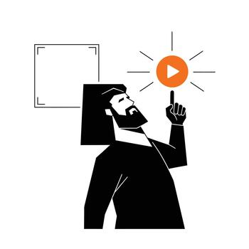 hombre señalando a un jugar botón icono, representando contenido creación y digital medios de comunicación compromiso vector