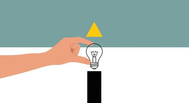 un mano delicadamente sostiene un ligero bulbo con un amarillo triángulo encima él, representando un nuevo idea o innovación vector
