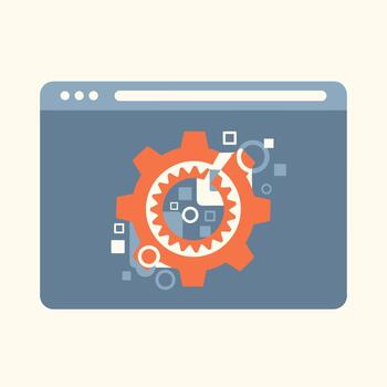 estilizado navegador ventana mostrando un naranja engranaje mecanismo con pequeño cuadrícula y círculos, representando web desarrollo y ajustes vector