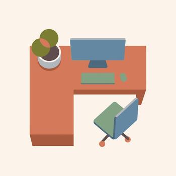 Topdown view of a modern home office desk with a computer, keyboard, mouse, and a potted plant vector