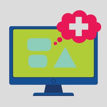 computadora monitor mostrando geométrico formas con un pensamiento burbuja conteniendo un más firmar, simbolizando médico o relacionado con la salud ideas vector