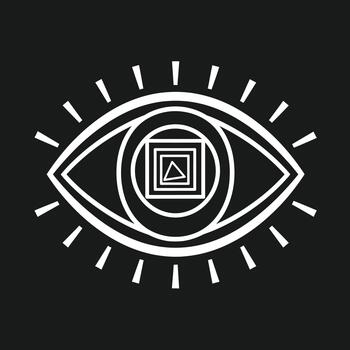 resumen geométrico ojo símbolo con anidado cuadrícula y radiante líneas en un negro fondo, simbolizando profundo visión y observación vector