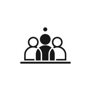 un minimalista negro y blanco icono representando un grupo de Tres personas en pie juntos en un línea, con un soltero punto encima el central figura vector