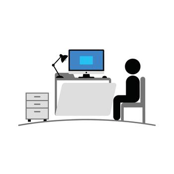 A person sitting at a desk with a computer, lamp, and filing cabinet, symbolizing work or study vector