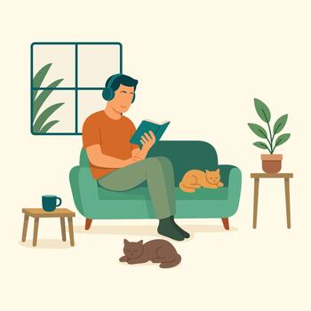 pacífico introvertido hombre leyendo libro con gatos a hogar vector