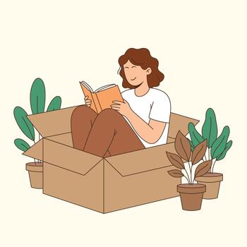 introvertido mujer leyendo libro en cartulina caja vector