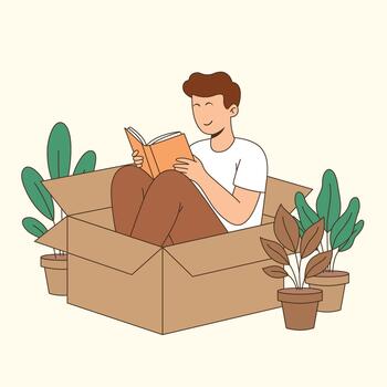 introvertido hombre leyendo libro en cartulina caja vector
