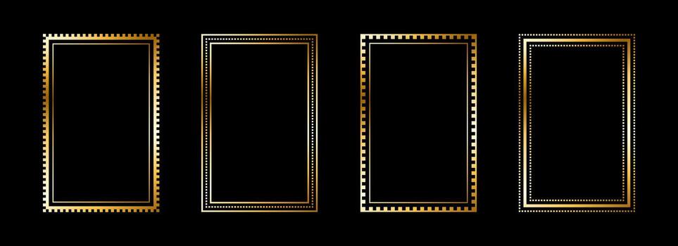Gold thin rectangle frame set. Shining golden square borders in art deco style. Thin linear rectangular cadre collection. Yellow glowing shiny boarder element pack for photo, poster, tarot card vector