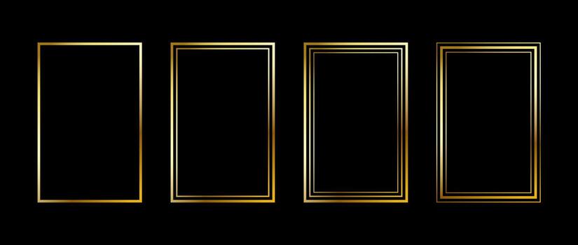 Golden thin rectangle frame set. Shining gold square borders in art deco style. Thin linear rectangular cadre collection. Yellow glowing shiny boarder element pack for photo, poster, card vector