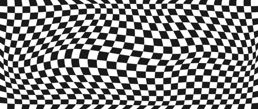 Trippy checkerboard background. Retro psychedelic checkered wallpaper. Wavy groovy chessboard surface. Distorted geometric grid chess pattern. Abstract black and white race flag backdrop vector