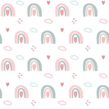 Seamless Pastel Rainbow and Heart Pattern with Clouds on White Background vector
