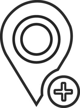 Circular Location Pin with Plus Sign, Outline GPS Marker for Adding a New Point of Interest. vector