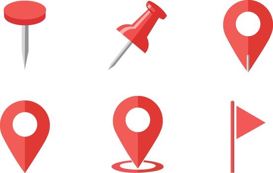 Red Glossy 3D Location Pin and Thumbtack Set, Map Marker Collection for Web Design. vector