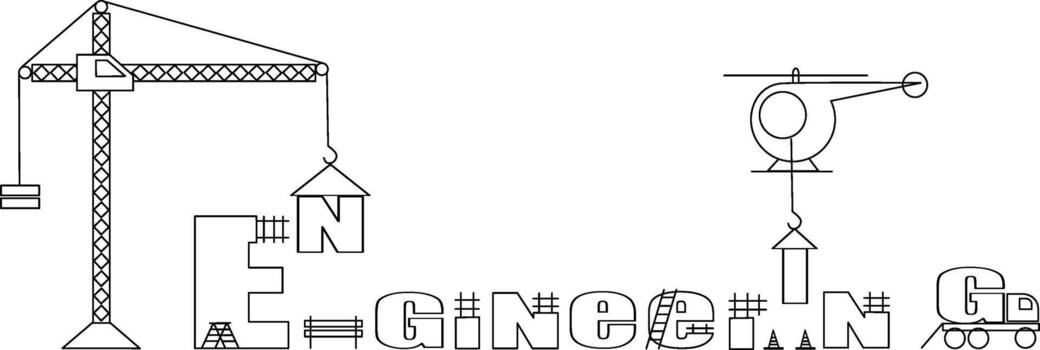 Complex setup of engineering tools, flat illustration design of word Engineering, engineers banner or presentation vector