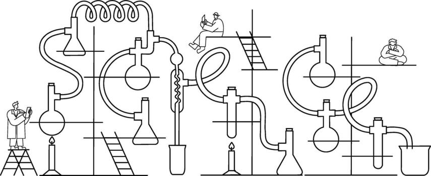 Complex setup of lab flasks and tubes in Science design, scientists doing experiments, science lab, chemistery lab vector
