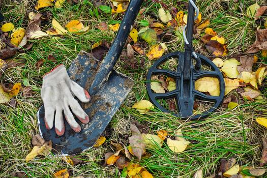 A person is digging in the soil with a shovel while using a metal detector among fallen leaves in an autumn setting. The surroundings are filled with colorful foliage photo