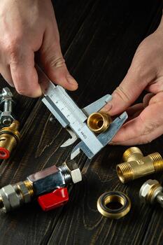 The plumber measures diameter of fitting with a caliper. Working environment in the workshop during the connection of gas installation. photo