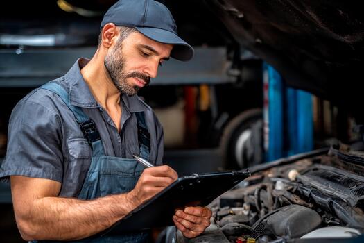 A mechanic is checking the engine of a car while taking notes on a clipboard in an auto repair shop. Tools and machinery are visible in the background, highlighting the busy environment photo