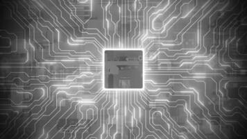 White and Black color 3d circuit board data moving CPU modern hi-tech artificial intelligence digital loop able technology background video