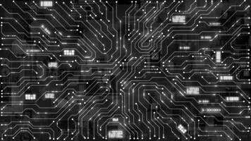 White and Black computer microchip glowing circuit board futuristic data transfer technology background video