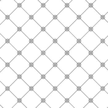 A seamless pattern of delicate black flower motifs connected by thin diagonal lines on a clean white background, creating a simple, elegant, and calming design. vector