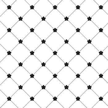 A white background features a repeating diamond pattern of thin black lines, with a small, stylized black flower at each intersection point. vector