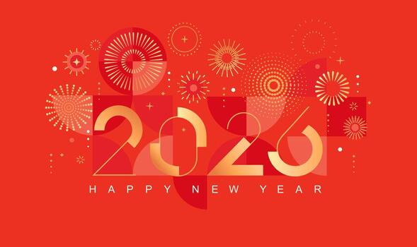 celebrando 2026 nuevo año. brillante tarjeta para contento evento con resumen dorado fuegos artificiales y dorado números en rojo antecedentes con geométrico modelo. modelo para póster, volantes, web. vector