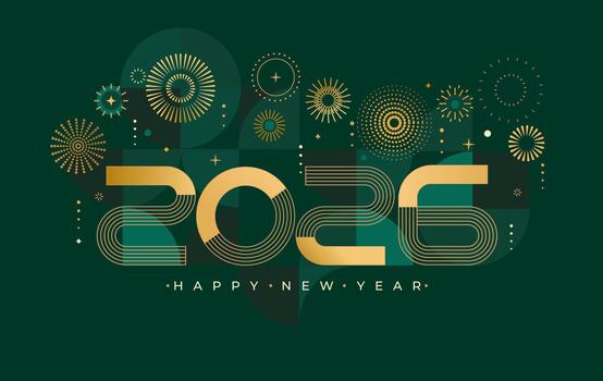 lujo 2026 nuevo año.elegante tarjeta para evento con resumen dorado fuegos artificiales y dorado números en profundo verde antecedentes con geométrico modelo. modelo para póster, folleto, sitio web, pancarta. vector