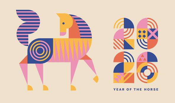 Greeting card for 2026 New Year with geometric horse. Isolated horse and numbers from simple geometric shapes and figures. Template for invitation, poster, flyer, web. vector