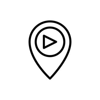 un sencillo línea Arte icono representando un ubicación alfiler con un jugar botón adentro. cine y película línea icono. aislado acortar Arte. vector