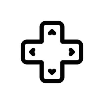 un negro y blanco icono presentando un cruzar forma con pequeño corazón íconos señalando hacia fuera desde cada brazo, parecido a direccional control S. vector