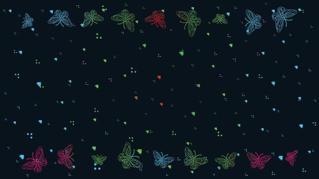 Neon Line Art Butterflies with Colorful Gradient Glow and Geometric Dots on Dark Background for Futuristic Abstract Wallpaper and Digital Design vector