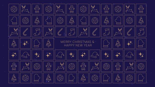 Minimalist Line Art Christmas Icons Pattern in Gold and Deep Blue with Reindeer, Tree, Cookie, and Snow Elements for Holiday Greeting Card and Festive Background Design vector