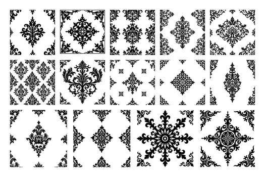 negro damasco adornos y patrones en blanco antecedentes vector