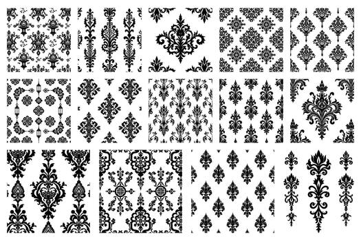 negro damasco patrones y ornamental elementos en blanco vector