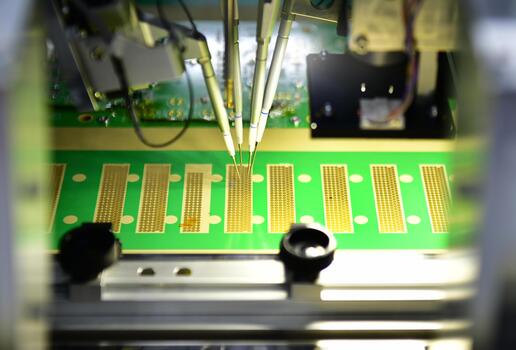 Assembly chip components on pcb board. Automated machine inside at industrial photo